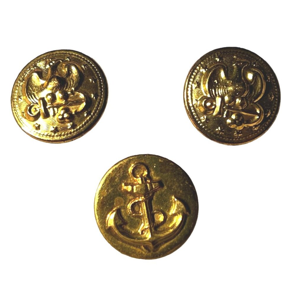 Vintage Set of 3 Gold Naval Buttons 1" Diameter with Eagle and Anchor